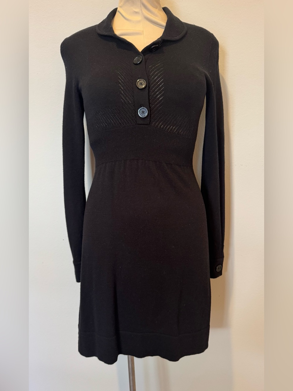 Banana Republic Black Knit Wool Collared Button Sweater Dress Long Sleeve XS